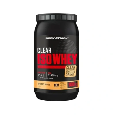 Abbildung von Body Attack CLEAR Iso Whey Sweet Apple Flavour 900g Made in Germany Erfrischendes, klares Protein Isolat 24 g und 11.400 mg EAAs* pro Shake, zucker &amp; fettfrei
