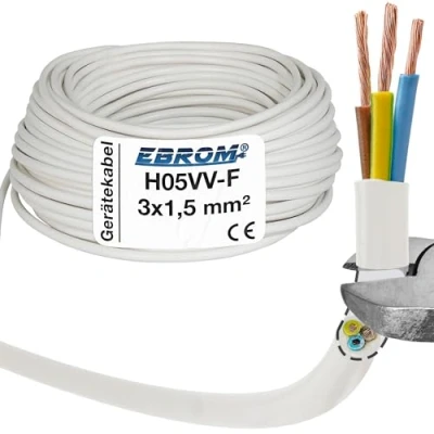 Abbildung von EBROM Kunststoff Schlauchleitung RUND, Kabel, Stromkabel, Leitung, Gerätekabel H05VV F 3x1,5 mm² 3G1,5 mm2 Farbe: weiß Viele Längen in 5 Meter Schritten bis 150 Meter, Ihre Kabellänge: 20