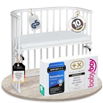 Abbildung von babybay Original Beistellbett aus massivem Buchenholz mit Matratze Classic Soft für Tag und Nacht / Kinderbett Höhe verstellbar &amp; umweltfreundlich mitwachsendes Babybett (weiß lackiert)
