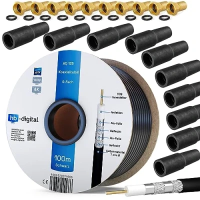 Abbildung von HB DIGITAL 100m Koaxialkabel SAT HQ135 PRO inkl. 10x Gummitüllen + F Stecker vergoldet GRATIS dazu Satellit Antennenkabel 4 Fach geschirmt für DVB S/S2 C/C2 T/T2 DAB+Radio BK Anlagen