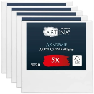 Abbildung von Artina FSC® Keilrahmen 5er Set Akademie 30x30 cm Leinwand Maltuch aus 100% Baumwolle Leinwände 280 g/m² Keilrahmenset zum Bemalen für Acryl , Aquarell Ölfarbe uvm