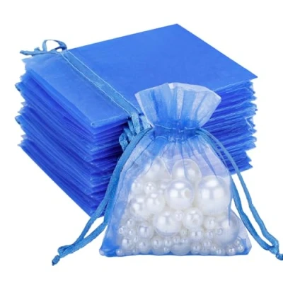 Abbildung von G2PLUS 100 Stück Blau Organzasäckchen, 7x9 CM Kleine Geschenk Organzabeutel, Hochzeit Organza Beutelchen mit Kordelzug Sie als Bonbonsbeutel, Schmuckbeutel, Geschenkbeutel