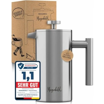Abbildung von Morgenheld Edelstahl French Press für 5 Tassen 1000 ml Metall Kaffeepresse Induktion geeignet 1l thermo Isolierkanne Kaffeebereiter doppelwandig
