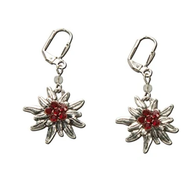 Abbildung von Alpenflüstern Trachten Ohrhänger Strass Edelweiß Damen Trachtenschmuck, Ohrringe antik silber farben mit Steinen (rot) DOR008