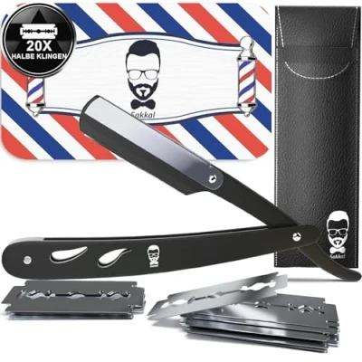 Abbildung von Sakkal Rasiermesser Barber set 20 Halbe Klingen Etui Leder Reise Rasierer Friseur Herren Handbart Professional Kit Classic Handpflege Precision Friseurmechanik bartschablonen Bois edelstahl