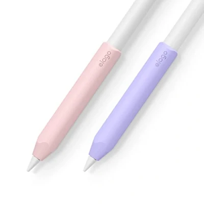 Abbildung von elago 2er Paket Silikongriff Kompatibel mit Apple Pencil USB C, 2. und 1. Generation, Ergonomische Design Magnetischer Aufladung Double Tap (Rosa/Violett)