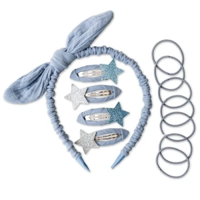 Abbildung von Papierdrachen Besonderes Haar Accessoires Set mit Haarreif, Glitzer Haarspangen, Haargummis kombiniert hochwertigem Musselin Stoff hellblau für Mädchen und Damen