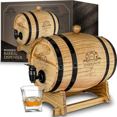 Abbildung von Mikamax Wooden Barrel Dispenser Traditionelles Wein und Whiskey Reifungsfass Traditionelle Whiskeyfässer Ø 20 Cm 3L