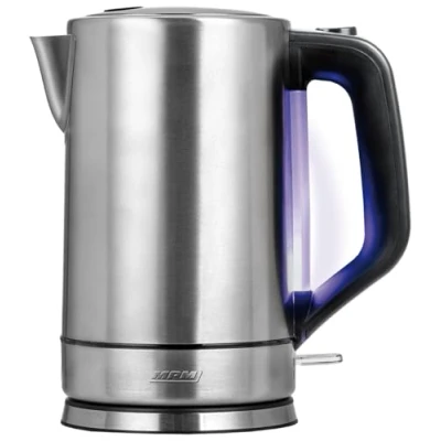 Abbildung von MPM MCZ 121M Wasserkocher 1,7L, Edelstahlgehäuse, 2200W, Automatische Deckelöffnung, Blau beleuchteter Wasserstandsanzeiger, Austauschbarer Filter
