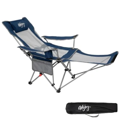Abbildung von #WEJOY 2 in 1 Campingstuhl Faltbar, Strandstuhl mit Verstellbarer Rückenlehne &amp; Fußstütze Angelstuhl Campingstühle für Erwachsene Wattepad Kissen Getränkehalter Armlehnentaschen Marine/Grau