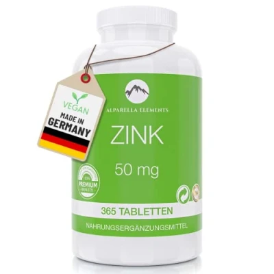 Abbildung von Zink Tabletten Hochdosiert 50mg Zinkgluconat pro Tablette 365 Vegane Zinktabletten als 2 Jahresvorrat Nahrungsergänzungsmittel von Alparella Elements