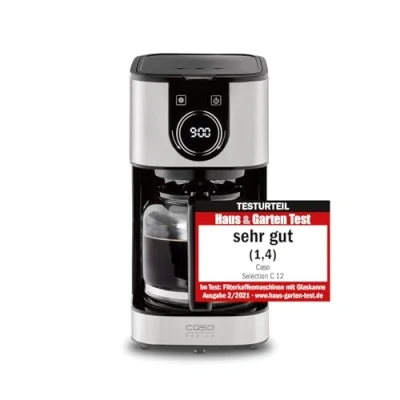 Abbildung von CASO Selection C 12 Kaffeemaschine mit Edelstahlgehäuse für bis zu Tassen Kaffee, Wassertank ca.1,5 Liter Wasseranzeige,temperatur von 92 96 C,Mit LED Uhr und integrierter Timerfunktion