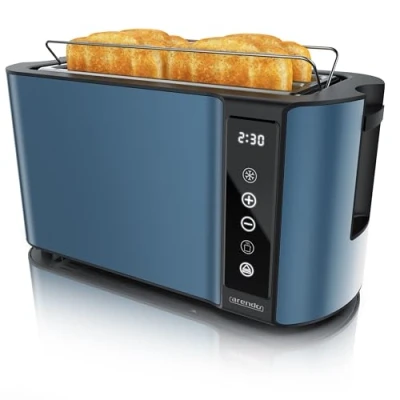 Abbildung von Arendo Edelstahl Toaster Langschlitz 4 Scheiben Touchscreen Doppelwandgehäuse Integrierter Brötchenaufsatz 7 Bräunungsgrade Brotzentrierung Restzeitanzeige Memoryfunktion Admiralblau