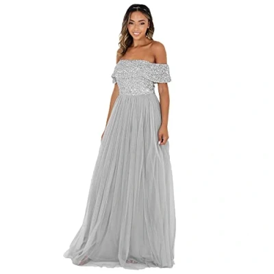 Abbildung von Maya Deluxe Damen Soft Grey Bardot Embellished Maxi Dress Brautjungfernkleid, Grey, 46 EU