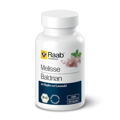 Abbildung von Raab Vitalfood Bio Melisse Baldrian mit Extrakt aus Hopfen, vegan, glutenfrei, natürliches Vitamin C, 28.8 grams