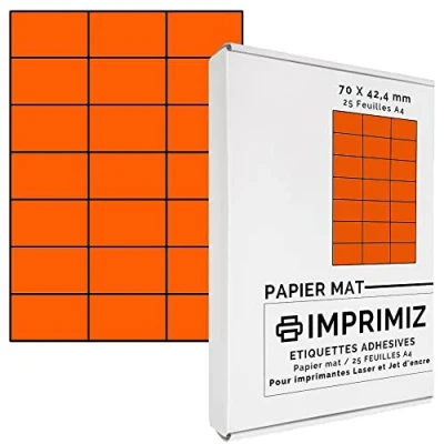 Abbildung von 525 Selbstklebende Etiketten neon orange von 70 x 42 mm 21 Etiketten/Blatt 25 Blatt A4 / Papier matt Farbe Für Inkjet/Laser/Kopier Drucker farbig