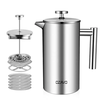 Abbildung von OZAVO Kaffeebereiter 1L French Press Edelstahl Thermo mit 5 Edelstahlfilter Doppelwandig Isoliert System Zweilagiger Konstruktion 1000ML