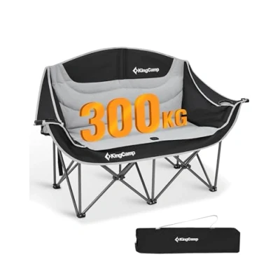 Abbildung von KingCamp Doppelter Campingstuhl faltbar bequem Camping Stuh gepolstert 2 Sitzer mit Becherhalter und Armlehne Übergröße Klappbarer Gartenstuhl für Picknick Angeln,Schwarz/Grau
