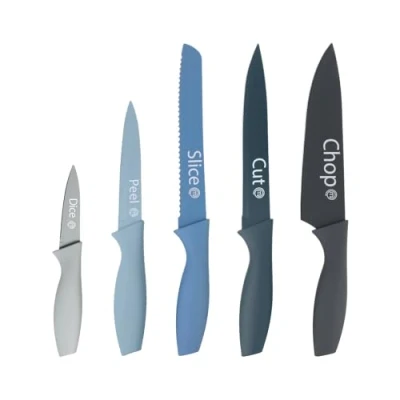 Abbildung von MasterChef Messerset, Küchenmesser Set ink. Kochmesser, Gemüsemesser, Schälmesser, Schneidemesser &amp; Brotmesser, Scharfe Messer Edelstahl, Antihaftbeschichtete, Soft Touch Griffe, 5 teilig, Blau