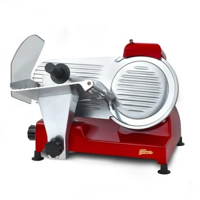 Abbildung von H.Koenig Elektrischer Aufschnittmaschine MSX224, professionell, präzise, Schnittstärke 0 12 mm, italienische Klinge 20 cm, integrierter Messerschärfer, breite Platte, 282 U/min, rot