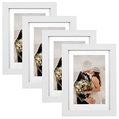 Abbildung von EXYGLO 4er Set Bilderrahmen 10x15 cm mit weißen Holzmaserungsrahmen für 15x10 Fotos Passepartout oder 13x18 ohne Passepartout, Wand Tischaufsteller