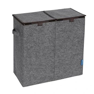 Abbildung von WENKO Wäschesammler Duo, 82 Liter, Wäschekorb mit 2 Fächern, Griffen und Klappdeckel, Recyceltes Filz, 52 x 54 28 cm, Grau/Braun