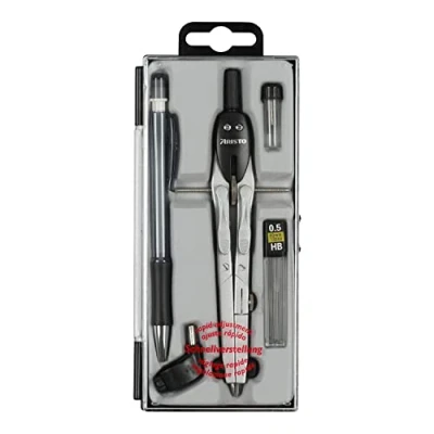 Abbildung von Aristo AR80084 College Schnellverstellzirkel Set 5 teilig (Zirkel mit 2 Gelenken, Druckbleistift inkl Ersatzminen 0,5mm, Adapter, Ersatz Zirkelminen und Zirkelnadel) silber schwarz