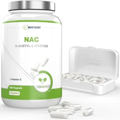 Abbildung von NAC N Acetyl L Cystein 365 Kapseln 12 Monatsvorrat inclusive Pillenbox Vitamin C Vegan Laborgeprüft