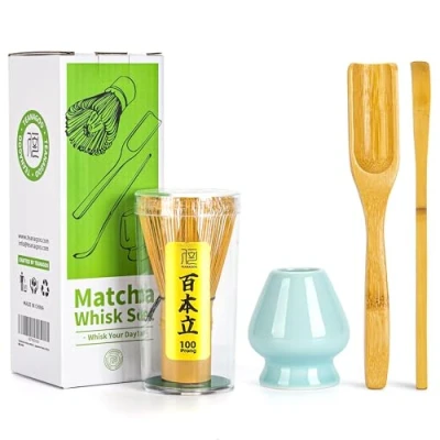 Abbildung von TEANAGOO Japanische Matcha Zeremonie, Besen (Chasen), traditionelle Schaufel (Chashaku), Teelöffel, blauer Celadon Besenhalter,I2, Das perfekte Set für die Zubereitung einer traditionellen