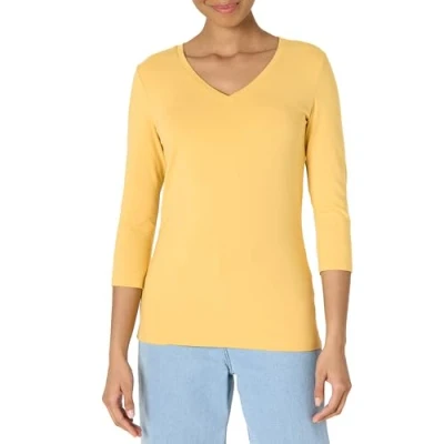Abbildung von Amazon Essentials Damen T Shirt Mit V Ausschnitt Und 3/4 Ärmeln, Klassischer Schnitt (Erhältlich In Übergröße), Dunkelgelb, XXL
