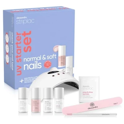 Abbildung von alessandro Striplac UV Nagellack Set Normale &amp; Weiche Nägel Bis zu 15 Tage Halt ohne Absplittern Leichtes Entfernen Schonend Vegan Inkl. LED Lampe