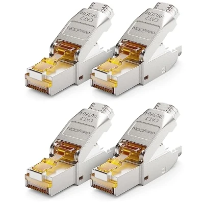 Abbildung von deleyCON 4x CAT 7 Netzwerkstecker Stecker RJ45 Werkzeuglos Geschirmt 10 Gbit/s 600 MHz Netzwerk für Starre Verlegekabel Rohkabel Steckverbinder Ethernet LAN DSL Patchkabel