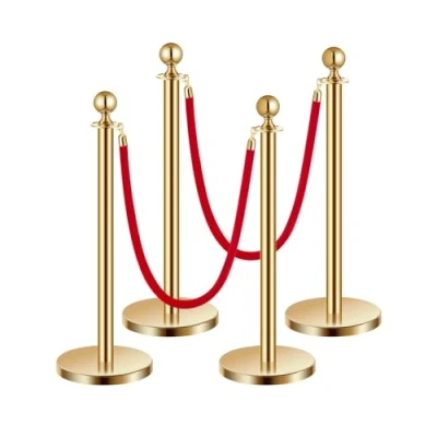 Abbildung von VEVOR Absperrpfosten Absperrung (4 Stk.) zur Steuerung von Menschenmengen mit 2 roten Samtseilen (1,5 m lang), Absperrständer aus Edelstahl nachfüllbarem Sockel für Ausstellungen Golden
