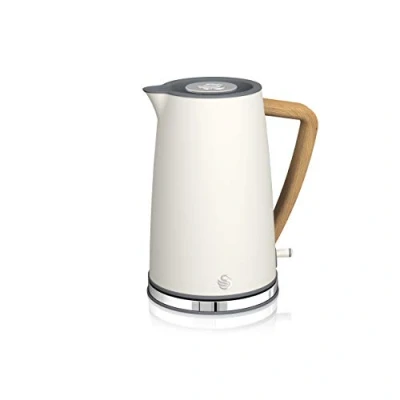 Abbildung von Swan Nordic Ultra Schneller elektrischer Wasserkocher, kabellos, modernes Design, 1,7 l, 2200 W, Griff in Holzoptik, automatische Abschaltung, Weiß