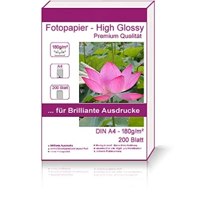 Abbildung von 200 Blatt DIN A4 210x297 mm 180g/m² Fotopapier Hglossy wasserfest Photopapier hochglänzend high glossy photopaper photo paper glänzend 180g / m² 180g/qm 210 x 297 21 29,7 cm