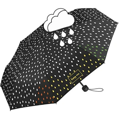 Abbildung von Happy Rain Schwarzer Regenschirm, Farbwechsel in nassen Regentropfen, mehrfarbig, Mini Taschenschirm Handöffner. 95 cm