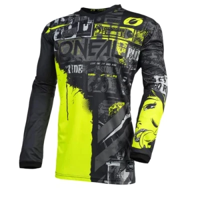Abbildung von O&#039;NEAL Motocross Jersey Langarm MX Enduro Gepolsterter Ellbogenschutz, V Ausschnitt, atmungsaktiv Element Ride für Herren Erwachsene Schwarz Neon Gelb Größe S