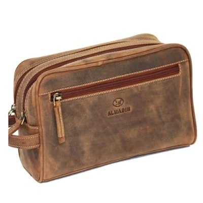 Abbildung von ALMADIH große Leder Kulturtasche für Damen und Herren Braun Vintage Premium Badetasche Kulturbeutel Kosmetiktasche mit Doppel Reißverschluss (Pietro Vintage)