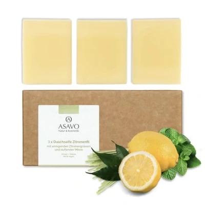 Abbildung von ASAVO Seife Zitrone BIO, handgemachte feste Seife, als Handseife, Duschseife, festes Shampoo oder Duschgel, pflegender Kernseife, Naturseife mit Zitronengras &amp; Minze, 3x95g