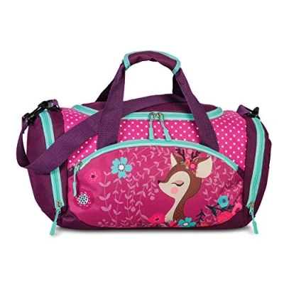 Abbildung von Sporttasche Kinder Reisetasche Umhängetasche mit süßem REH Rehkitz Blumen für Mädchen &amp; Jungen 14,2 Liter 35 x 22 18,5 cm, lila/pink/türkis