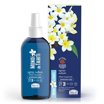 Abbildung von Helan, Monöi de Tahiti Sonnenspray 30 Körper transparent, Sunscreen mit Kokosöl, reiner Sheabutter und Vitamin E, Sonnenschutz SPF Media gegen UVA, nicht fettend fleckenfrei, 150 ml