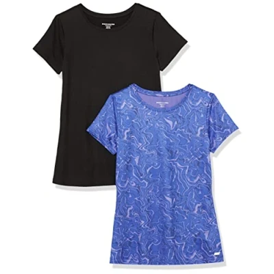 Abbildung von Amazon Essentials Damen Kurzärmliges Tech Stretch T Shirt mit Rundhalsausschnitt (in Übergröße erhältlich), 2er Pack, Blau Marmor/Schwarz, XS