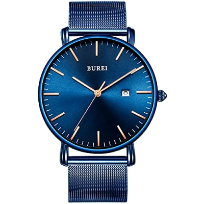 Abbildung von BUREI Minimalist Herrenuhr Classy Date Gents Armbanduhr mit einfachem Band, einfach, großes Zifferblatt aus Edelstahl
