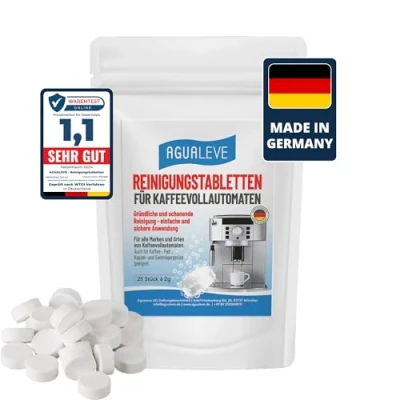 Abbildung von Reinigungstabletten 25 Stück für alle Marken und Arten von Kaffeevollautomaten Kaffeemaschinen, z. B. De’Longhi, Philips, Siemens, Saeco, Melitta, Krups, Miele Markenqualität Made in Germany