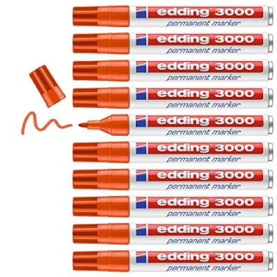 Abbildung von edding 3000 Permanentmarker orange 10 Stifte Rund Spitze 1,5 3 mm schnell trocknender Permanent Marker wasserfest, wischfest für Karton, Kunststoff, Holz, Metall Universalmarker