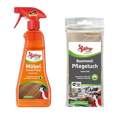Abbildung von POLIBOY Möbel Intensiv Pflege Farbneutrale Holzpflege für lackierte Oberflächen Mit Avocadoöl Holzschutz und Farbauffrischung 1x 375 ml inkl. Baumwolltuch zur Anwendung Made in Germany