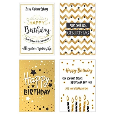 Abbildung von Set 4 exklusive Geburtstagskarten mit feiner Goldprägung und Umschlag. Glückwunschkarte Grusskarte zum Geburtstag. Geburtstagskarte Karte Mann Frau (Doppelkarten/Klappkarten Briefumschlag)