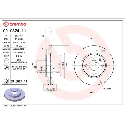 Abbildung von BREMBO 09.C824.11 Bremsscheibe 236 20 4 innenbelüftet beschichtet mit Schrauben OPEL: Karl