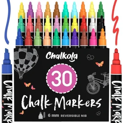 Abbildung von Chalkola Kreidestifte für Tafel Abwaschbar (30 Stifte, 6mm Pastell, Neon Kreidestift) Fenster, Tafelkreide &amp; Glasstifte, Chalk Marker, Kreidemarker Abwischbar, Fensterfarben Kinder