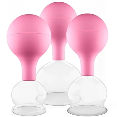 Abbildung von Pulox Schröpfgläser Set aus Echtglas mit Saugball 3x Medizinisches Schröpfglas in Pink 40mm, 52mm, 62mm